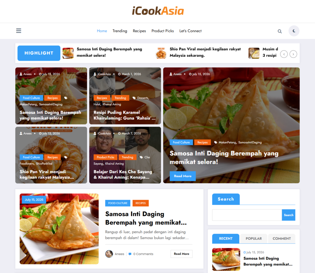 Screenshot of iCookAsia media channel website