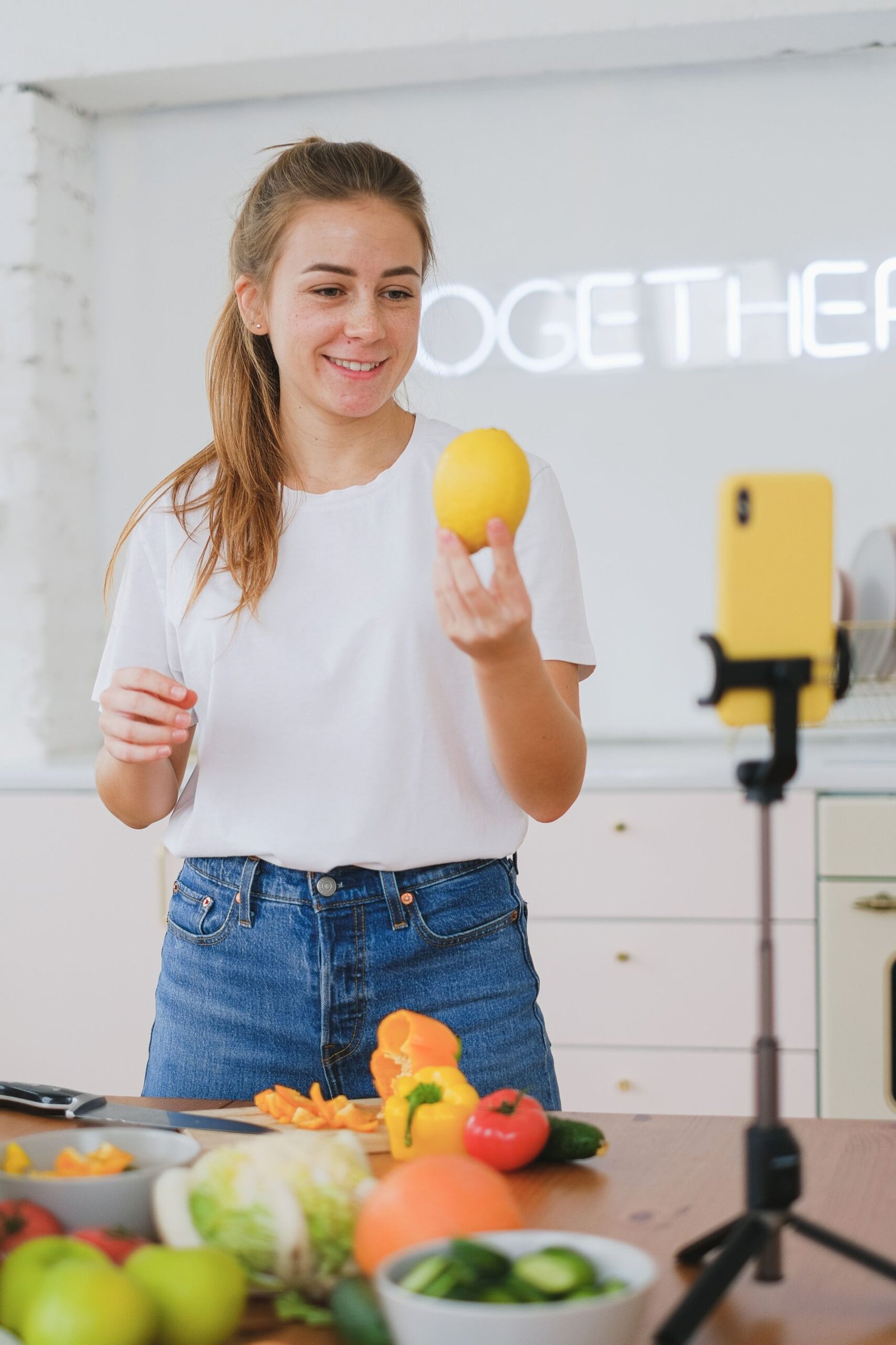 A food creator holding a lemon while filming a cooking video on a smartphone.