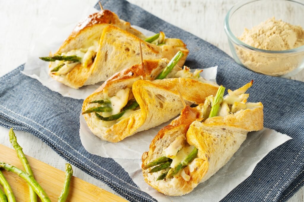 Filled multigrain sourdough with chicken, cheese and asparagus