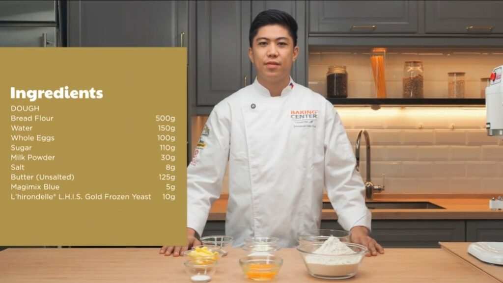 Lesaffre bakery chef presenting a recipe face-on with the ingredient list on screen