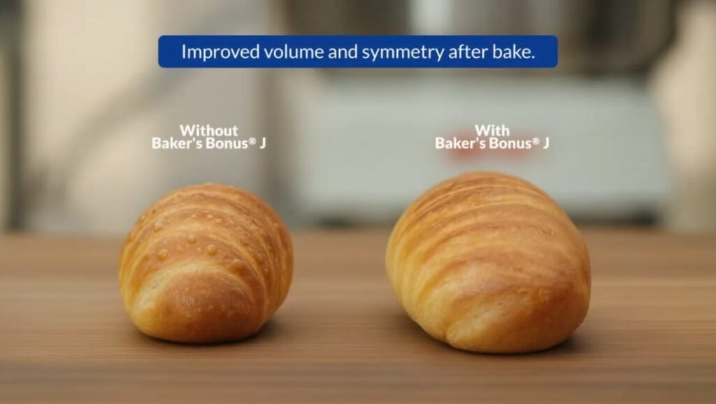 Side-by-side croissants without and with Baker's Bonus showing improved volume