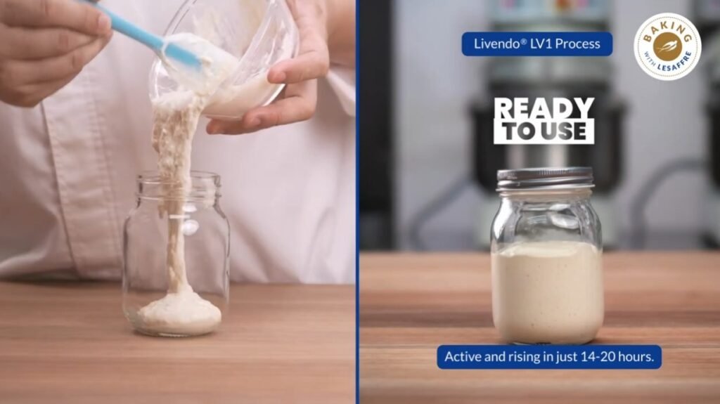 Split-screen of Livendo LV1 sourdough being poured and ready to use
