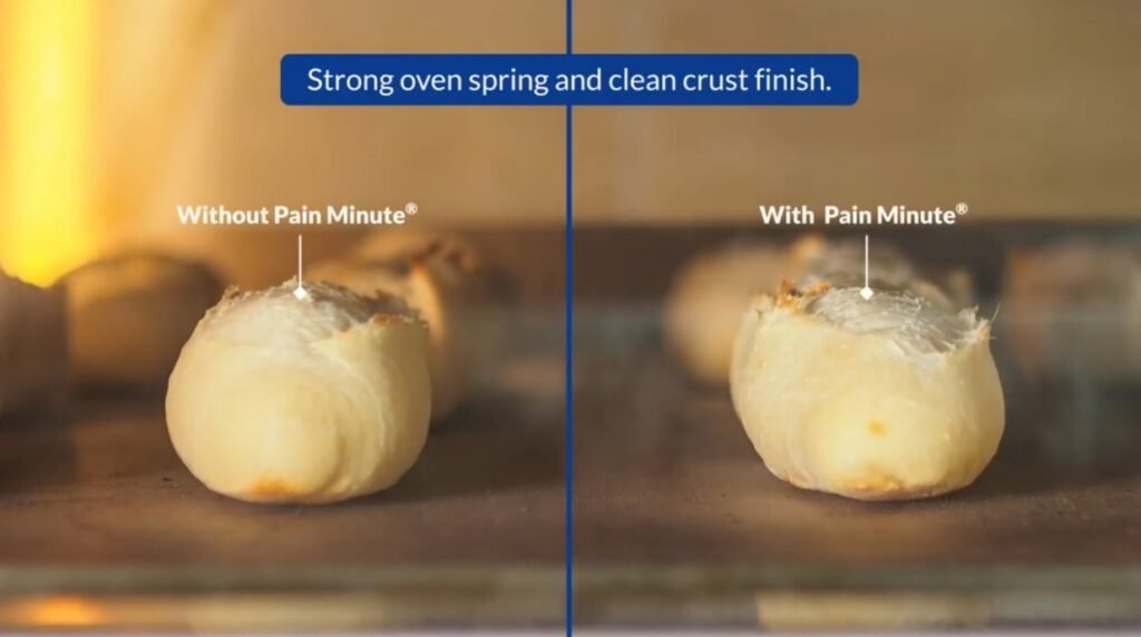 Split-screen of bread rolls in the oven without and with Pain Minute