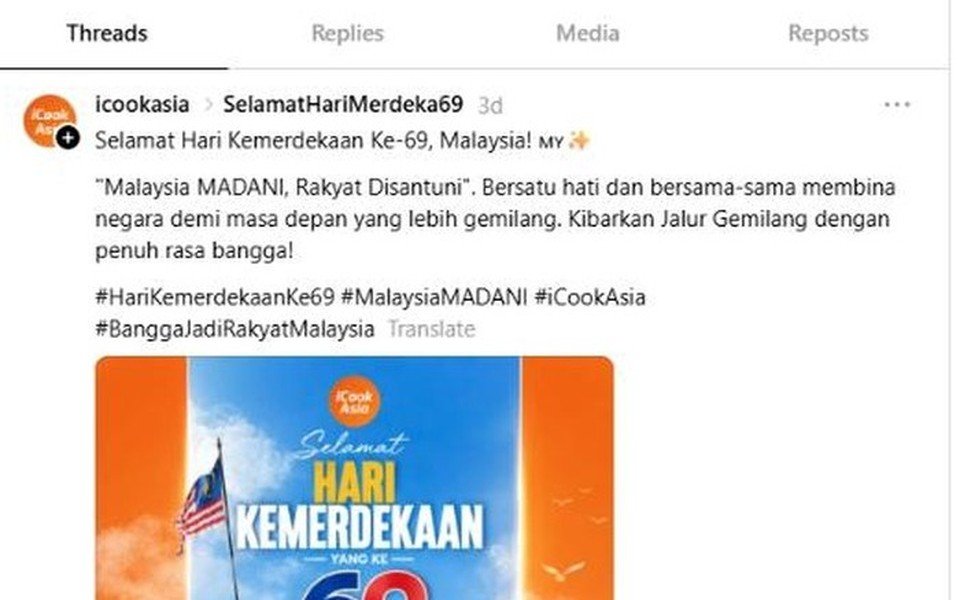 iCookAsia Threads profile showing a real post