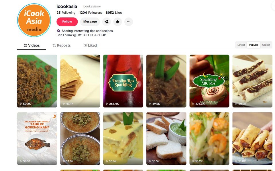 iCookAsia TikTok profile screenshot showing real video postings