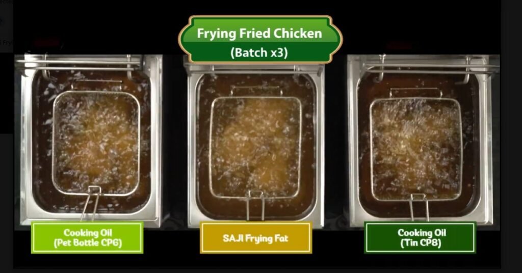 Three deep fryers frying chicken side by side with batch label