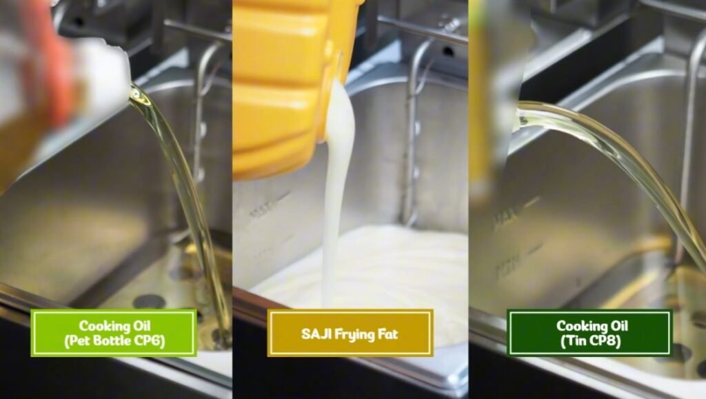 Split-screen of the three oils being poured into deep fryers