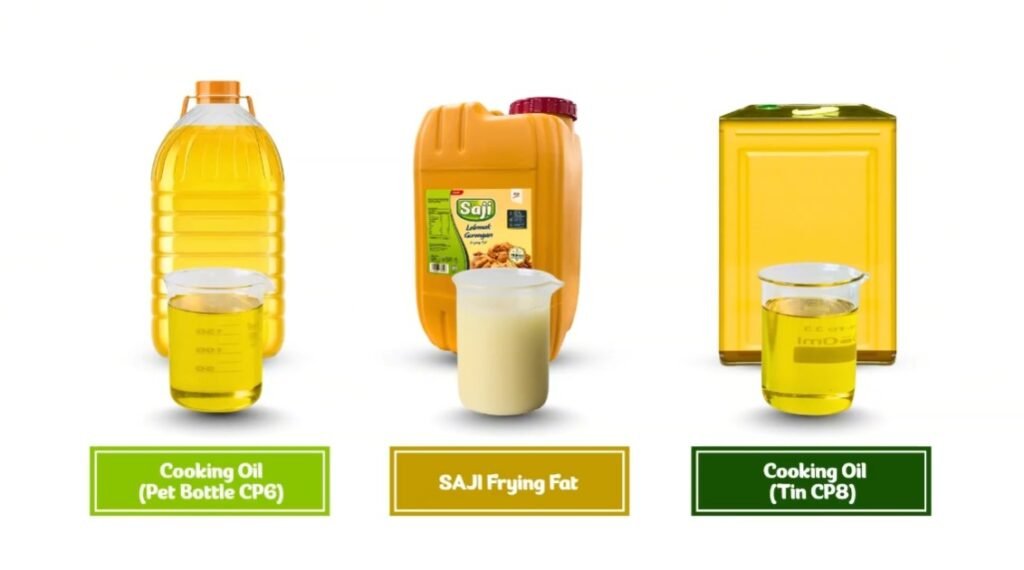Animated packshots of SAJI Cooking Oil CP6, SAJI Frying Fat and SAJI Cooking Oil CP8 with beakers