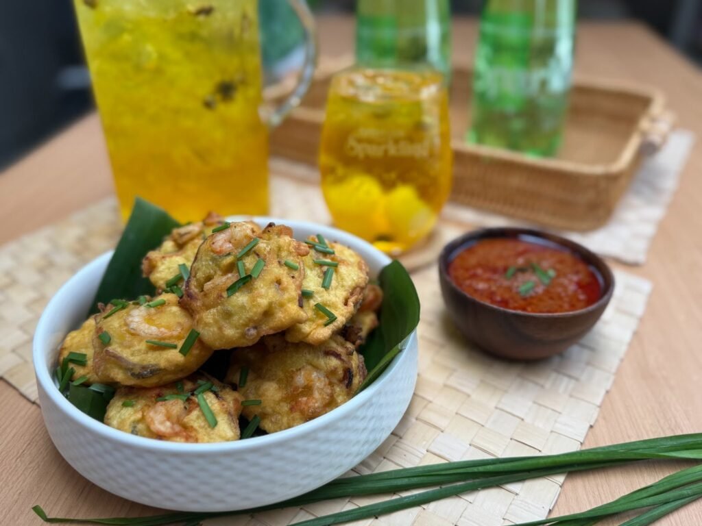 Cucur Udang Crispy Sparkling with sambal and Teh Bunga Longan Sparkling