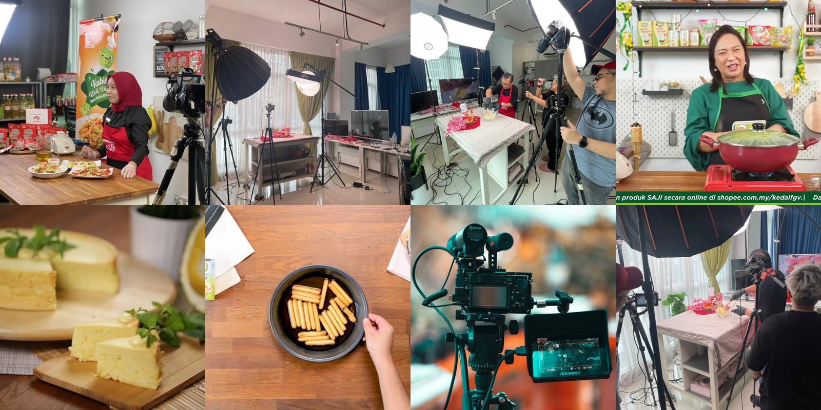 Collage of behind-the-scenes production photos from the iCookAsia studio